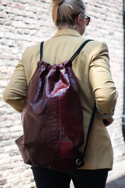 Skórzany plecak-worek CROCO - bordowy