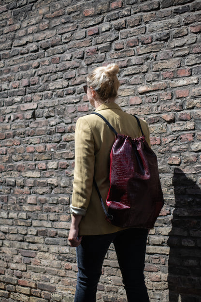 Skórzany plecak-worek CROCO - bordowy