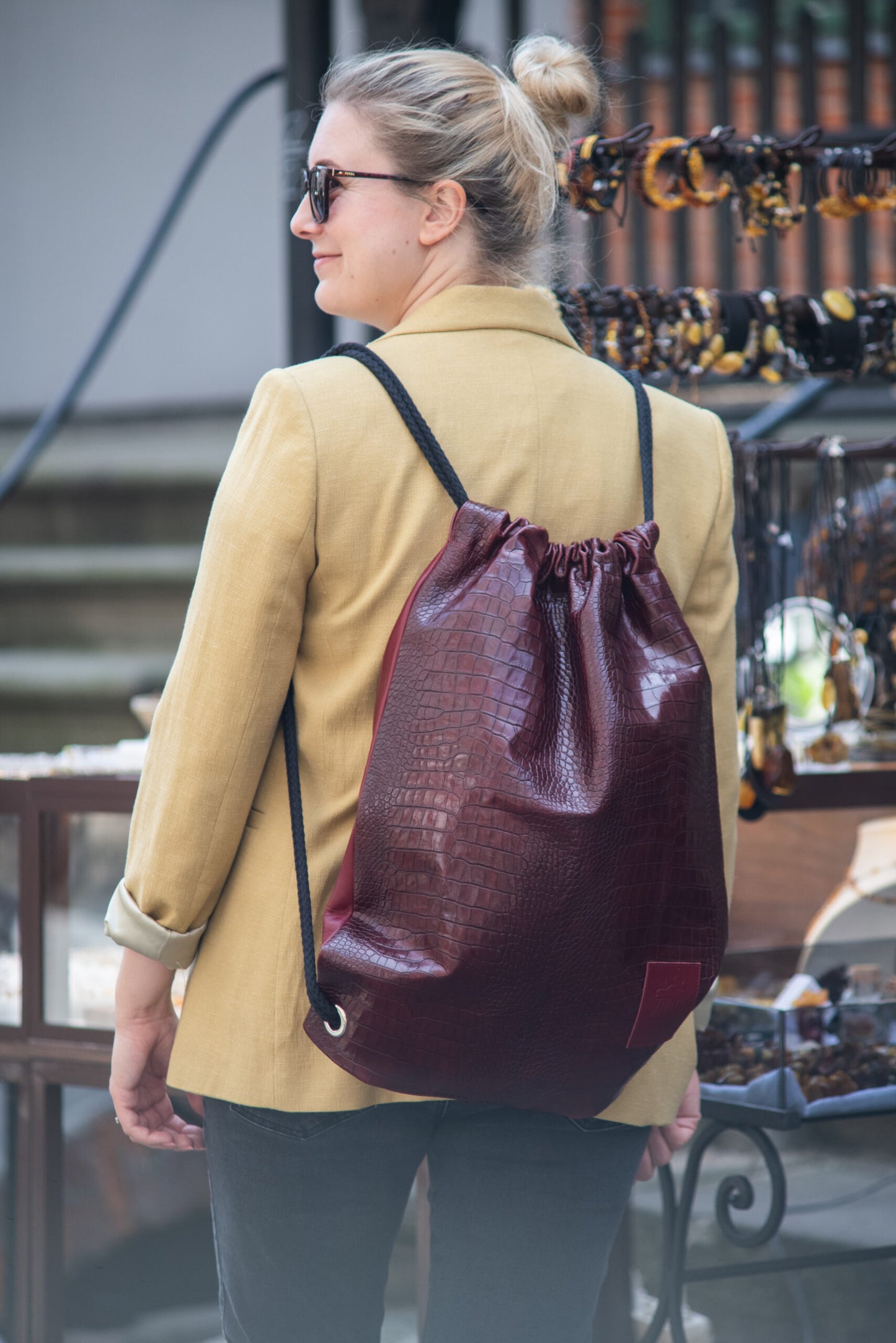 Skórzany plecak-worek CROCO - bordowy